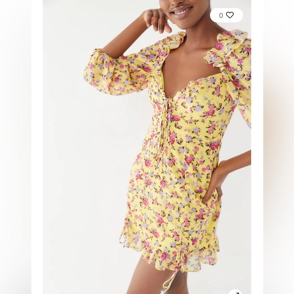 For Love & Lemons Beaumont Cinched Ruffle Yellow Floral Lace-Up Mini Dress Silk